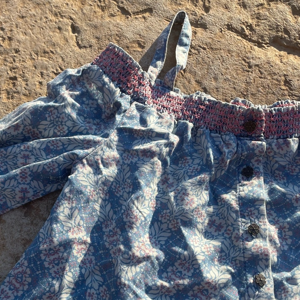 Girls off the shoulder chambray button up shirt - pink flower accents